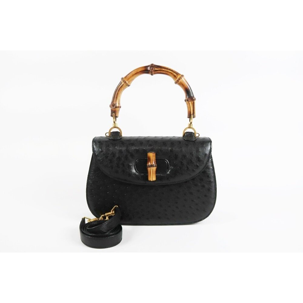 GUCCI Bamboo Handbag Ostrich Leather Turnlock Closure